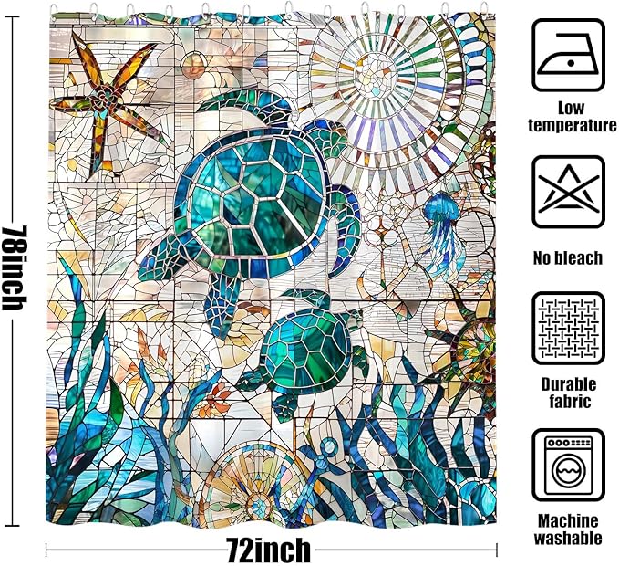 Accnicc Nautical Sea Turtle Shower Curtain Teal Blue Stained Glass Ocean Theme Coastal Shower Curtains for Bathroom Large Vintage Map Beach Waterproof Fabric Bath Curtain Decor 72x78 Inches