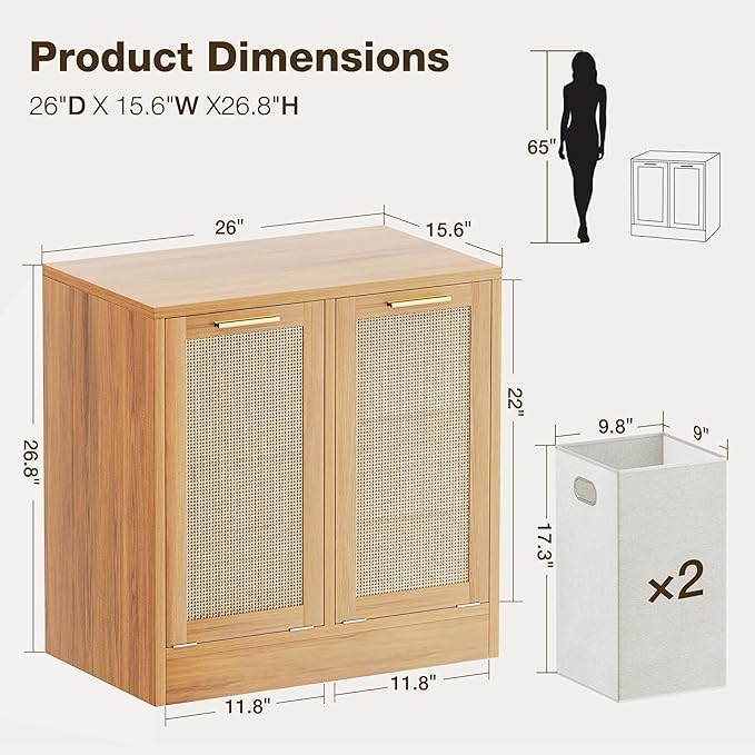 Laundry Cabinet, Bathroom Cabinet with with Breathable Real Rattan Design, Clothes Storge Basket with 2 Removable Laundry Baskets, Bathroom Storage Unit, Anti-tip, 66 x 39,5 x 68 cm, Naturel