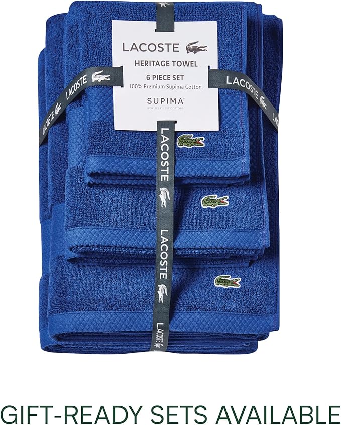 Lacoste Heritage 100% Supima Cotton Wash Cloth, Surf Blue, 13" x 13" – Highly Absorbent & Quick Drying, Premium Super Soft Bath Towel, Bathroom Essential, Gift for All Occasions, Machine Washable