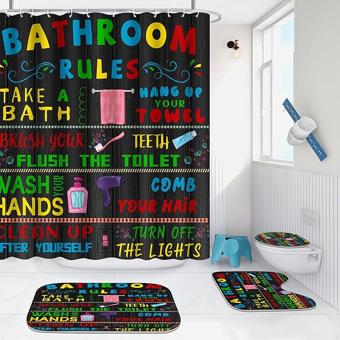 Poedist 4 Pcs Bathroom Shower Curtain Set,Kid's Bathroom Set, Space Shower Curtain Sets with Rugs(Bath Mat,U Shape and Toilet Lid Cover Mat) and 12 Hooks-06