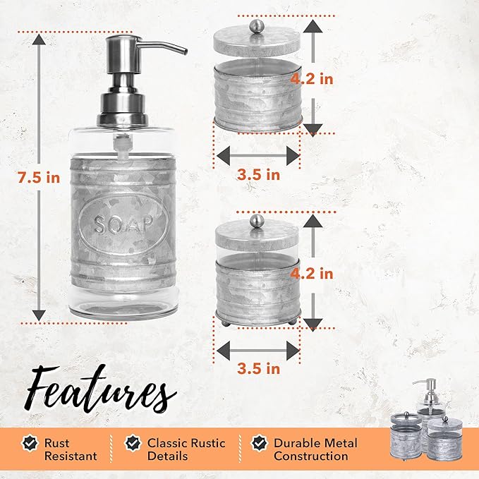 Autumn Alley Adorable 3 Piece Modern Farmhouse Bathroom Accessory Set for Sink/Vanity - Galvanized Soap Dispenser, Cotton Ball Container with Lid, Qtip Organizer – Rustic Farmhouse Bathroom Decor