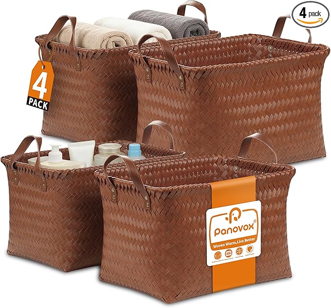 Hand Woven Baskets for Storage, 4Pcs Water-Resistant Wicker Baskets, Brown Wicker Storage Baskets for Shelves, Large Basket with Handle for Organizing, Clothes, Laundry, Blanket - Rectangular