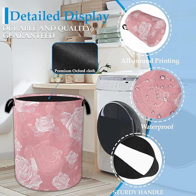 Pink Roses Large Storage Basket Collapsible Laundry Basket Oxford Storage Bin for Toy Bins Gift Baskets Bedroom Clothes Children Nursery Hamper 16" X 20.8"
