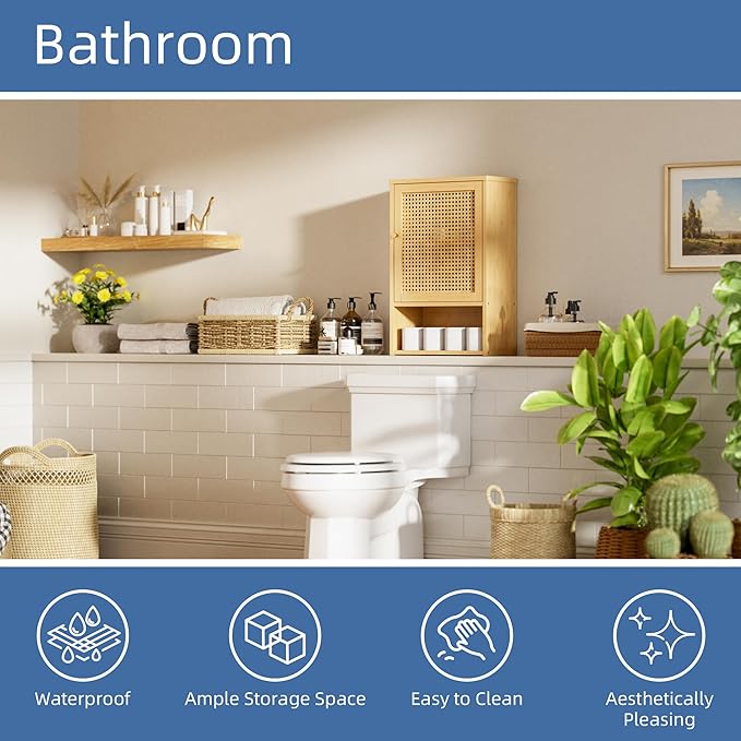 HITNET Bathroom Wall Cabinet, Rattan Medicine Cabinet, Bamboo Hanging Storage Organizer Over The Toilet with Adjustable Shelf for Living Room, Kitchen, Hallway(Natural)