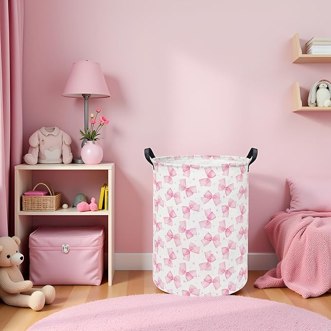 Baby Laundry Hamper kids laundry Basket Waterproof Storage Bin for Bedroom Toy Clothes Organizer Basket Woodland Animals Room D??cor(Pink Bowknot)