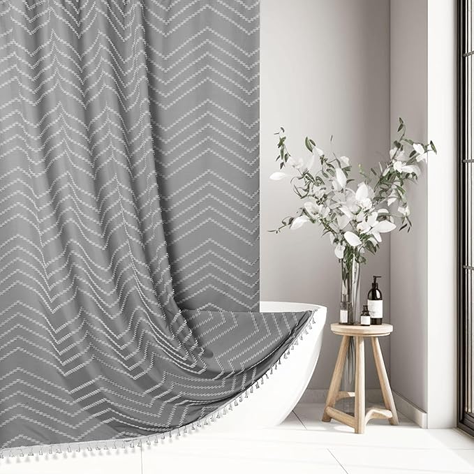 Boho Shower Curtain with Tassel Woven Fabric Grey Shower Curtain 72 x 72 Modern Farmhouse Textured Tufted Chevron Striped Minimalist Bathroom Shower Curtain Set with Hooks