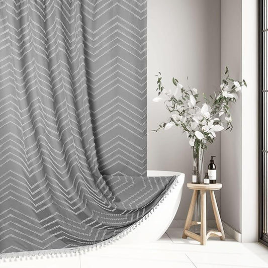 Extra Long Grey Boho Shower Curtain with Tassel, Woven Fabric 84 in Shower Curtain, Tufted Chevron Striped, 72 x 84, Modern Chic Textured Minimalist Bathroom Shower