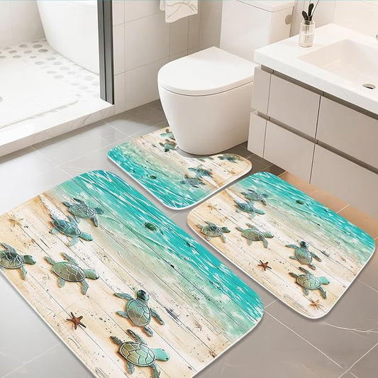 Nautical Tropical Sea Turtle Rustic Wood Plank Beach Bathroom Rugs and Mats Sets 3 Piece, Memory Foam Bath Mat, U-Shaped Contour Shower Mat Non Slip Absorbent, Velvet Washable 20 x 31 inch Green Teal