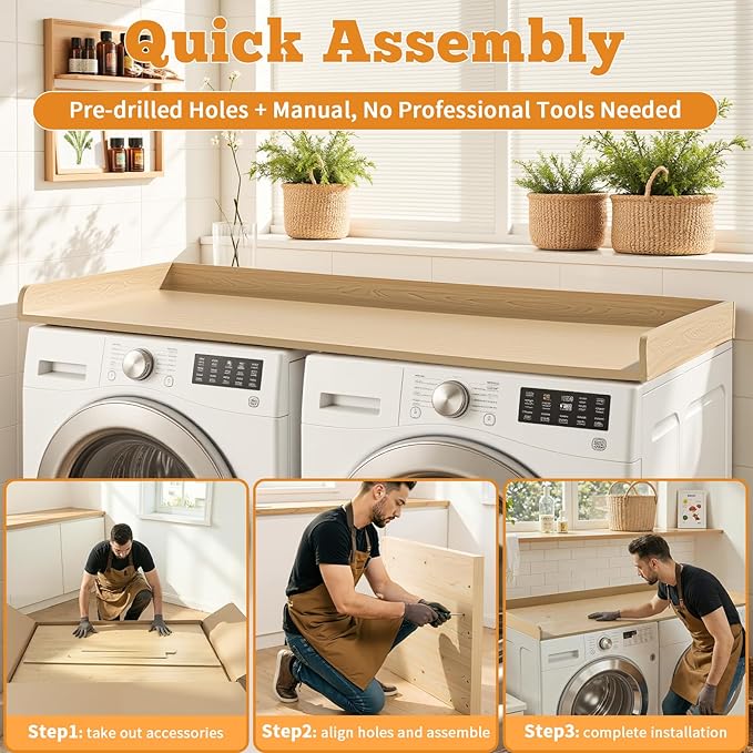 Laundry Washer Dryer Countertop: 54" x 27.5" Wood Washer Dryer Topper with 180lbs Capacity, Waterproof MDF for LG Samsung Front Load Washer and Dryer, Non-Slip Laundry Room Organization Table