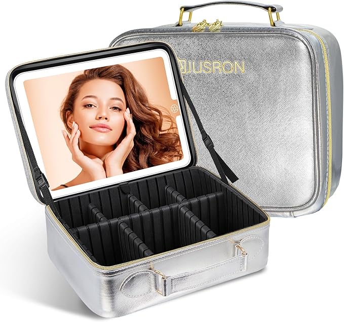 JUSRON Travel Makeup Bag With LED Mirror, Cosmetic Train Case with Light up Mirror, Portable Makeup Artist Organizer Bag with Adjustable Dividers, Makeup Brush Holder Storage (Sliver, Large)