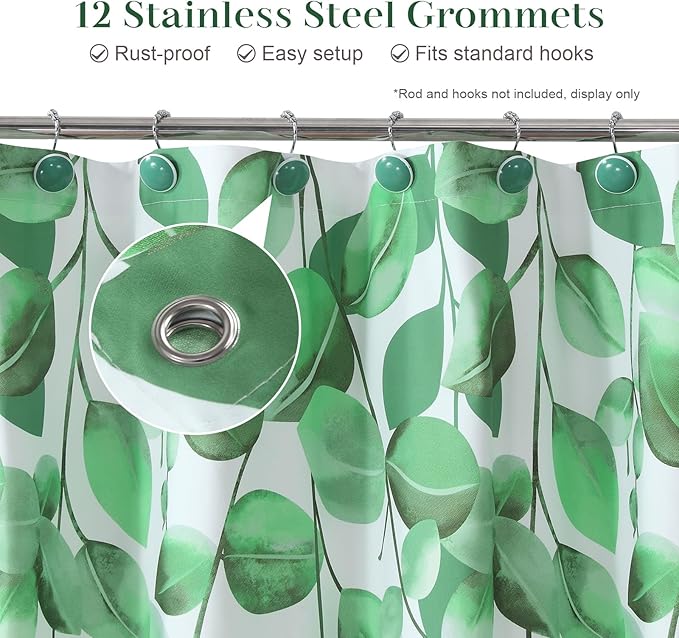 Green Leaf Fabric Shower Curtain, Watercolor Eucalyptus Leaves Plant Shower Curtain, Waterproof Decorative Boho Botanical Bathroom Curtains, 72" W x 72" H