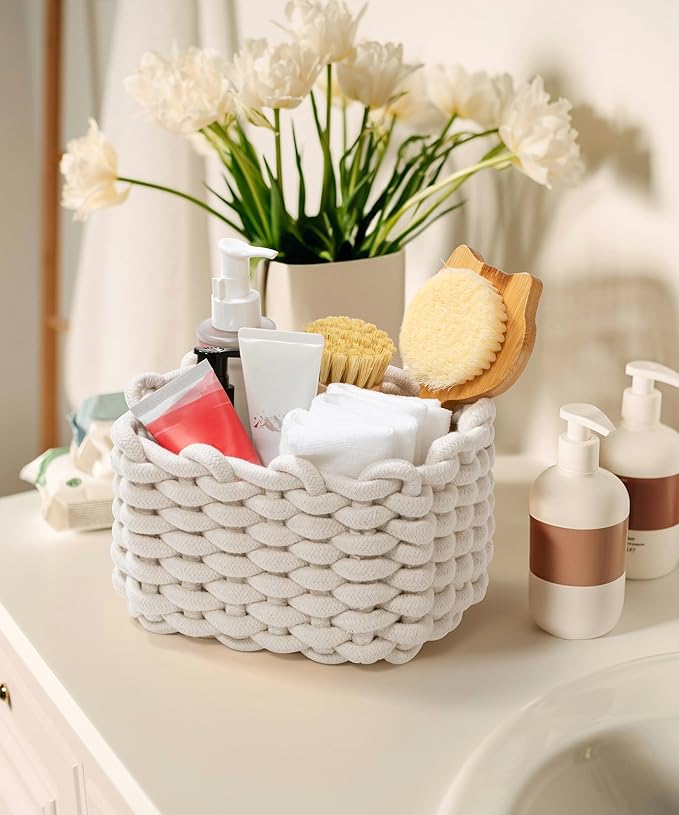 Storage Baskets 2 Pack, Macrame Woven Decorative Baskets for Vanity, Desk, Bathroom & Bedroom Organizer, Small Boho Cotton Rope Bins for Cosmetics, Office Supplies, Cream & Khaki, 7x5.5x5 Inches