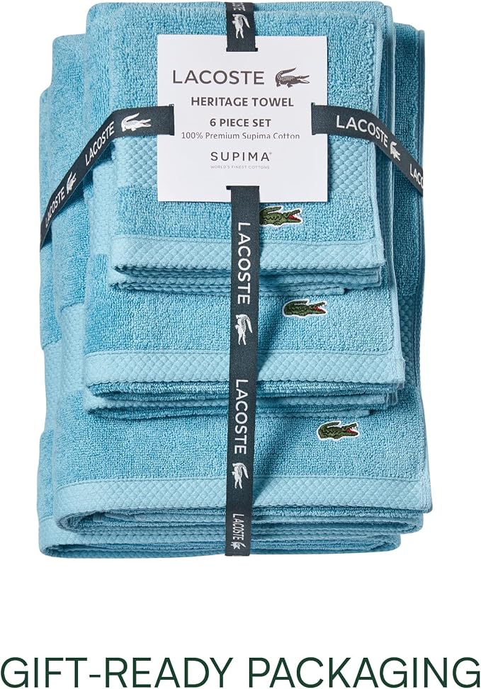 Lacoste Heritage Anti-Microbial Supima Cotton 6-Piece Towel Set, 2 Bath Towels, 2 Hand Towels, 2 Washcloths, Celestial Blue – Highly Absorbent & Quick Drying, Bathroom Essential, Machine Washable