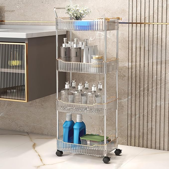 Acrylic Storage Trolley, Laundry Room Organization Mobile Shelves Bathroom Kitchen Rolling Utility Cart with Handle and Lockable Wheel(Clear,14.1x10.2x37.4inch)
