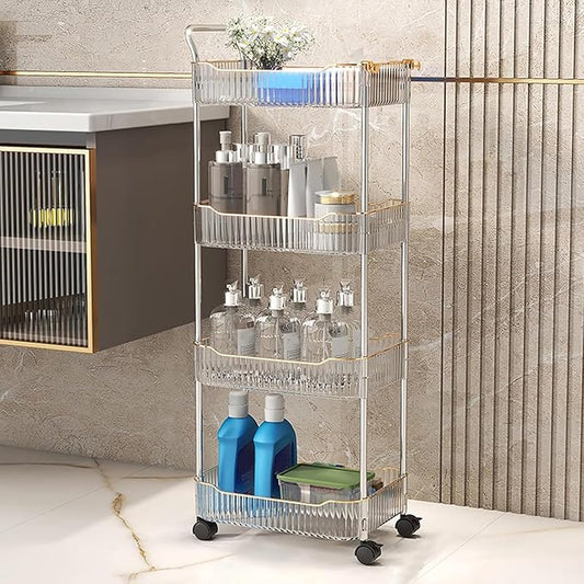 Acrylic Storage Trolley, Laundry Room Organization Mobile Shelves Bathroom Kitchen Rolling Utility Cart with Handle and Lockable Wheel(Clear,14.1x10.2x37.4inch)