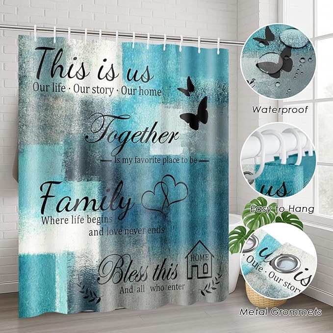 Family Home Motivational Shower Curtain Set with Toilet Lid Cover and Non-Slip Rugs for Bathroom, Turquoise Teal Abstract Painting Art 4 Pcs Shower Curtain, Modern Bathroom Set with 12 Hooks