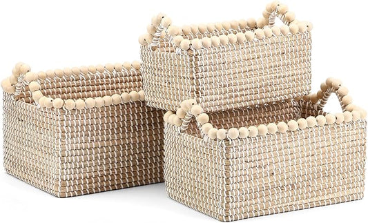 3 Pcs Laundry Hamper Basket with Wooden Bead Handles - Natural Seagrass Storage Baskets for Home Organization Bedroom & Bathroom Laundry Room to Store Clothes, Blankets, Toys 14.7L & 10L & 6.5L