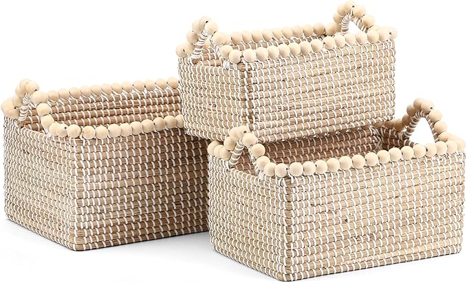 Handwoven Sea Grass Storage Baskets Set of 3 with Wooden Beads Accent - Square Woven Bins with Handles by Vietnamese Artisans for Home Organizer, Farmhouse Decor, Bathroom, Shelf - 14.7L, 10L, 6.5L