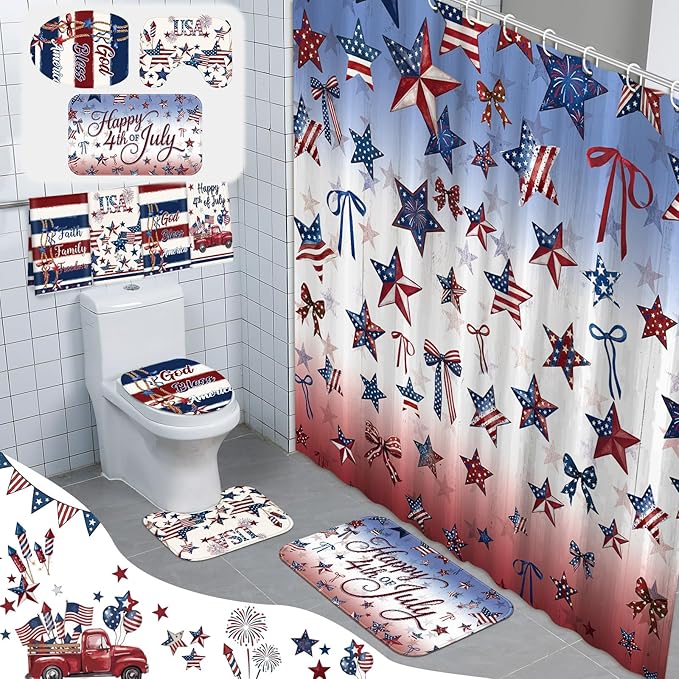 FuWeave 8 Pcs 4th of July Shower Curtain Set for Patriotic Bathroom Decor Include Red White and Blue American Flag Star Pattern Shower Curtain Towel Non Slip Rug Toilet Lid Cover Bath Mat and 12 Hooks