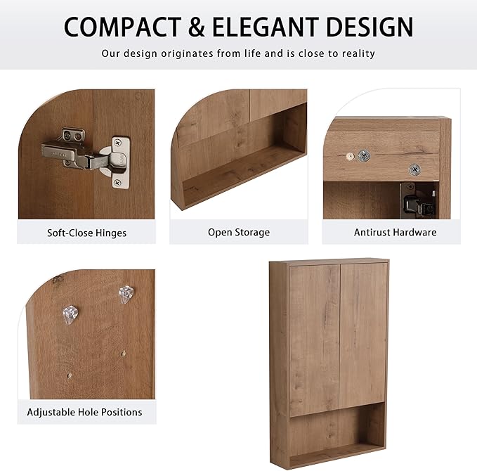 24 Inch Bathroom Wall Cabinet, 24" Wall Mounted Home Storage Cabinet, Bathroom Medicine Cabinet with 2 Soft-Close Door and 1 Adjustable Shelf - Brown