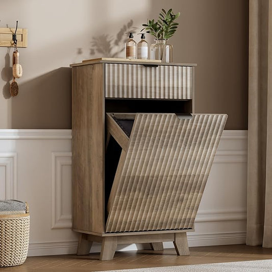 Double Tilt Out Laundry Hamper Cabinet, 20 Gallon Wooden Trash Can Cabinet with Storage Drawers, Hidden Fluted Garbage Can Holder for Kitchen, Living Room (Wood Grey, 20.47"W x 35.83"H x 13"D)