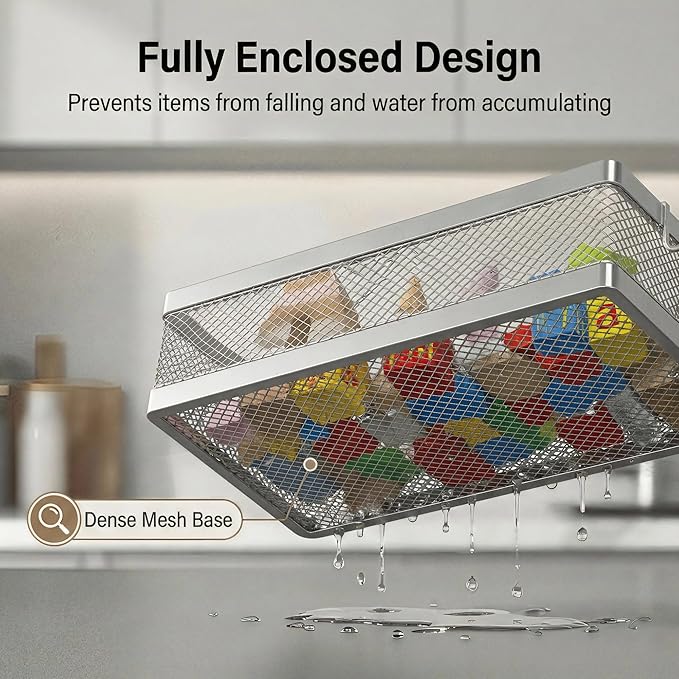 PUSDON Mesh Shower Caddy Wall Mount, Heavy Duty Adhesive Bathroom Shelf Organizer, Rustproof Floating Spice Rack for Kitchen Pantry, Holds 50 LBS, Multi-Purpose Storage Silver Gray -2 Packs (Netting)
