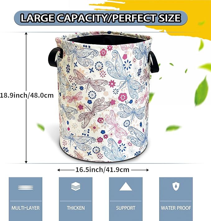 NUTAINLA Dragonfly Laundry Basket Flowers Foldable Oxford Cloth Funny Tote Bag Laundry Hamper Clothes Storage Bucket Toy Organizer For Bathroom/Laundry Storage/Bedroom 18.9x16.5 Inch