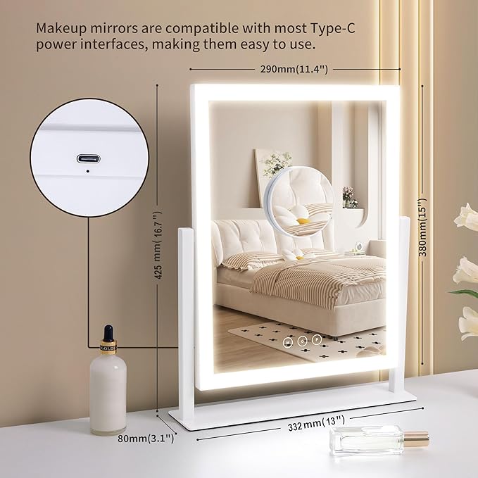Acoolda Vanity Mirror with Lights,16.9"x 14" Lighted Makeup Mirror, Makeup Mirror with Lights,Three Color Lighting Modes, and 10X Magnification Mirror, Smart Touch Control, 360°Rotation White