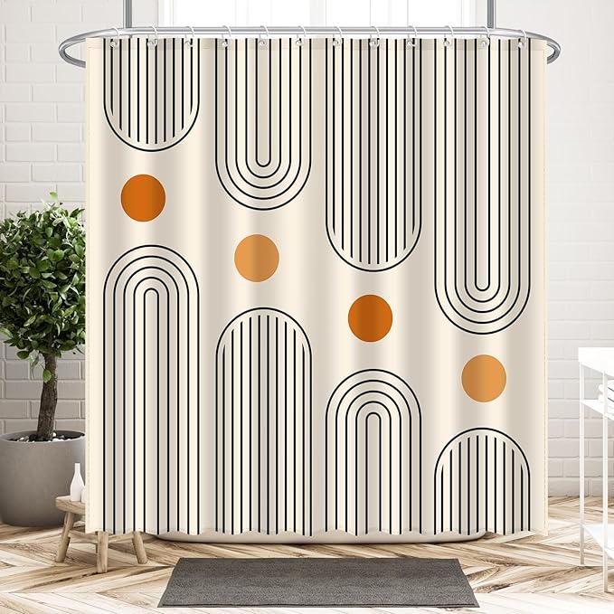 Boho Mid Century Shower Curtain Set, Modern Minimalist Arch Lines Sun Abstract Aesthetics Bathroom Decor, Waterproof Fabric Beige Bohemian Bath Curtain with 12 Hooks 72x72 inches
