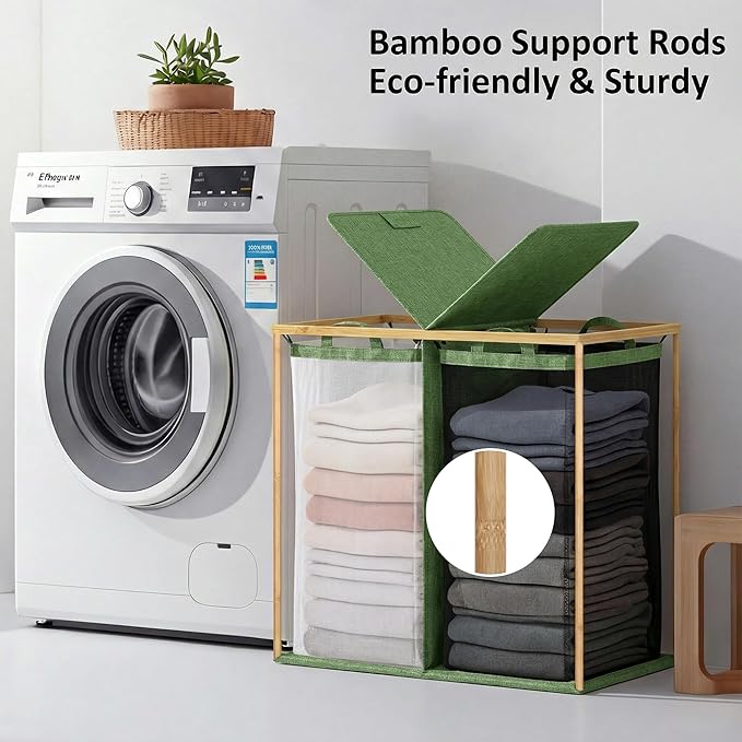 efluky Laundry Hamper with Lid, Double Laundry Hamper with 2 Removable Bags, 2 Section Laundry Basket with Bamboo Handles for Bathroom, Bedroom & Laundry Room,140L Green