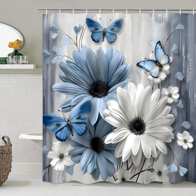 AZHM 4PCS Daisy Shower Curtain Sets with Rugs Blue and White Floral with Butterfly Bathroom Decor Set with Rugs and Accessories Farmhouse Country Shower Curtains for Bathroom