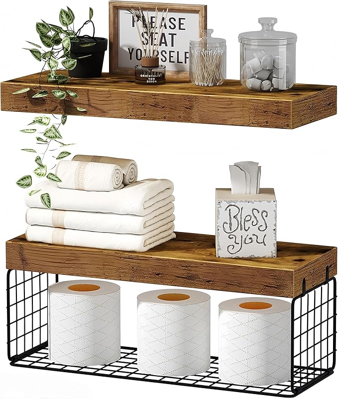 Bathroom Shelves Over Toilet - Heavy Duty Storage Rack, 25+ lbs Weight Capacity, Minimalist Design Wall Mounted Floating Shelves Toilet Paper Storage Farmhouse Decor Shelf 16 inch (Brown, General, 2)