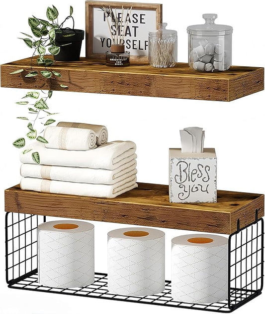 Bathroom Shelves Over Toilet - Heavy Duty Storage Rack, 25+ lbs Weight Capacity, Minimalist Design Wall Mounted Floating Shelves Toilet Paper Storage Farmhouse Decor Shelf 16 inch (Brown, General, 2)