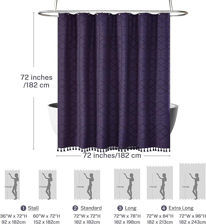 Boho Shower Curtain Dark Purple Woven Fabric Cute Shower Curtain, Tufted Chevron Textured Striped 72" x 72" Modern Farmhouse Minimalist Cloth Shower Curtains for Bathroom