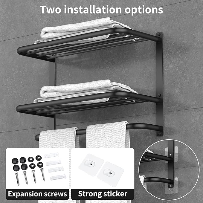 CAXIMSY 22.8Inch Towel Rack for Bathroom and Lavatory Towel Hanger with Wall Mount Towel Bars 304 Stainless Steel No Drill Tower Holder Shelf (3 Layers Black Towel Rack)