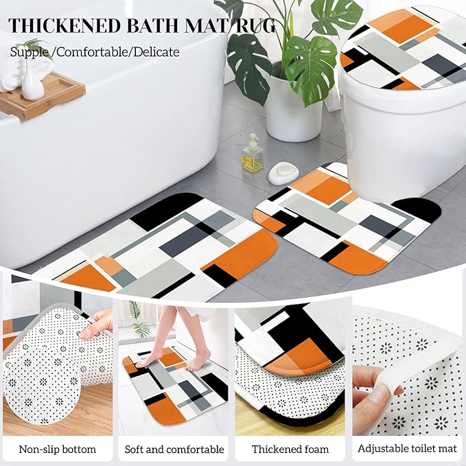 Lnond Orange Bathroom Set, 23-Piece Orange Black Geometric Bathroom Decor Set with with Shower Curtain and Rugs, Trash Can, Toilet Brush Holder Set & Soap Dispenser