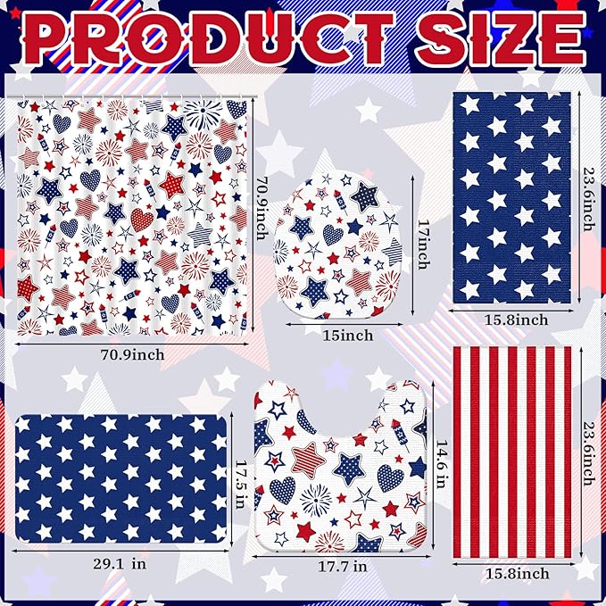 Nuanchu 6 Pcs Patriotic Shower Curtain Set with Rug 4th of July Star Bathroom Sets with Shower Curtain Bath Mat U Shaped Mat Toilet Lid Cover 2 Bath Towels and 12 Hooks Independence Day Bathroom Decor