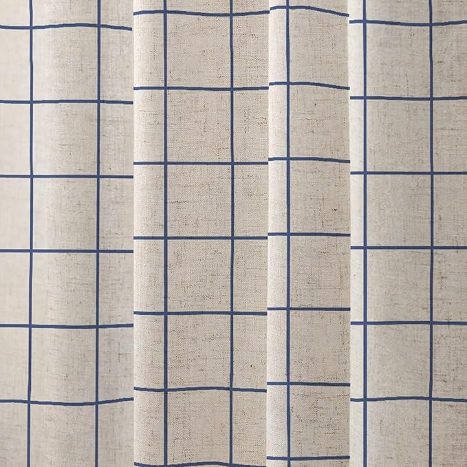 Farmhouse Plaid Shower Curtain Beige Linen Shower Curtains for Bathroom Natural Blue Pattern 72 x 72 Inch