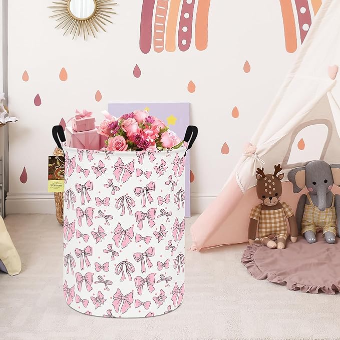 HUNRUNG Laundry Hamper,Large Canvas Fabric Lightweight Storage Basket Toy Organizer Dirty Clothes Collapsible Waterproof for College Dorms???Round-Pink Bow???