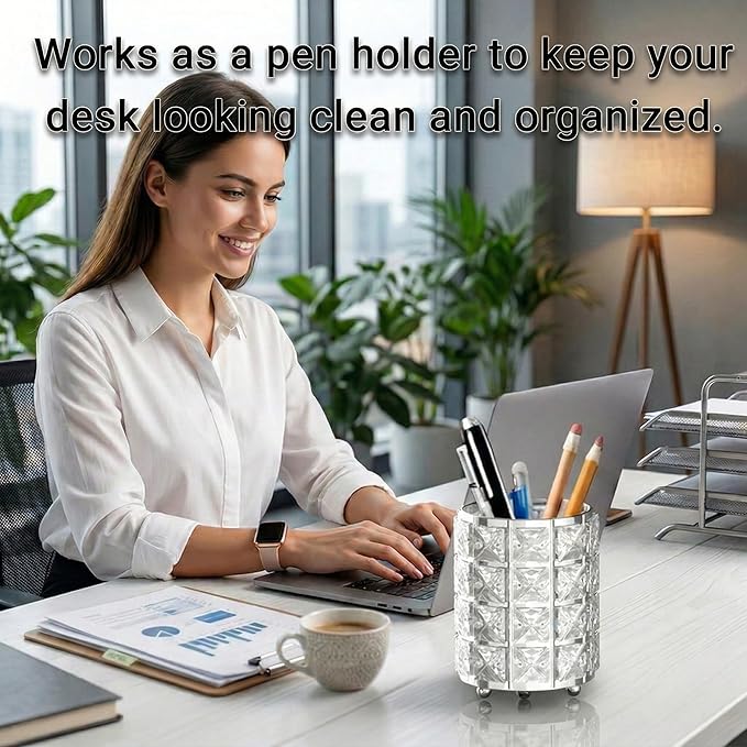 LUGUNU Makeup Brush Holder with Silver Crystal Bling ?€? Elegant Vanity Organizer for Brushes, Pens & Pencils, Ideal for Bathroom or Office Countertop(1Pack)