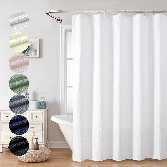 OVZME White Stall Fabric Shower Curtain 60X72 inch, Embossed Textured Fabric Shower Curtain for Bathroom - Soft Cloth & Hotel Spa, Water Repellent, Machine Washable Bathroom Curtain