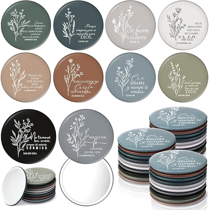 GlikCeil 40 Pcs Christian Compact Mirrors Bulk for Women Inspirational Bible Verse Pocket Mirror Mini Purse Makeup Mirror Christian Church Gift for Mother's Day Mom Church Party Favor (Retro Spanish)