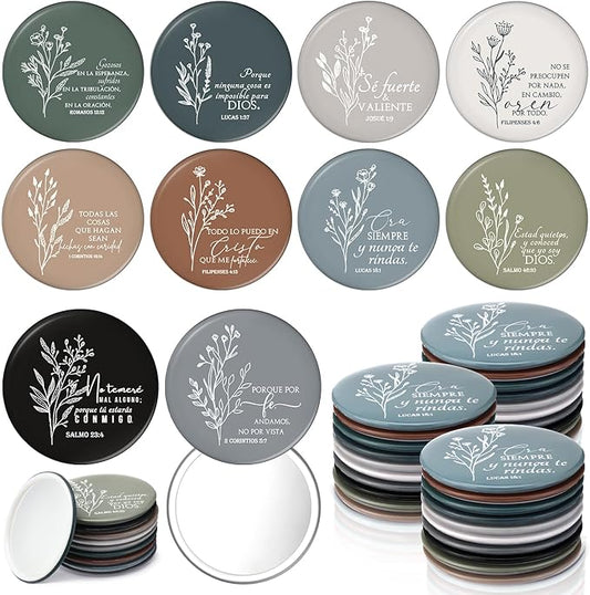 GlikCeil 40 Pcs Christian Compact Mirrors Bulk for Women Inspirational Bible Verse Pocket Mirror Mini Purse Makeup Mirror Christian Church Gift for Mother's Day Mom Church Party Favor (Retro Spanish)