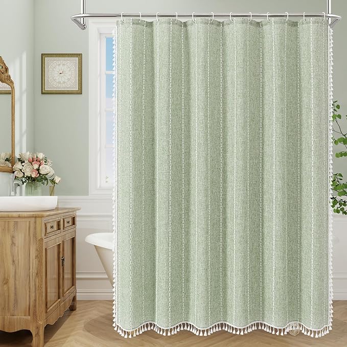 MitoVilla Sage Green Boho Extra Long Shower Curtain 72 x 84, Modern Farmhouse 84 inch XL Rustic Polyester Linen Tassel Heavy Duty Shower Curtain Set with Hooks for Cottagecore Country Bathroom Decor