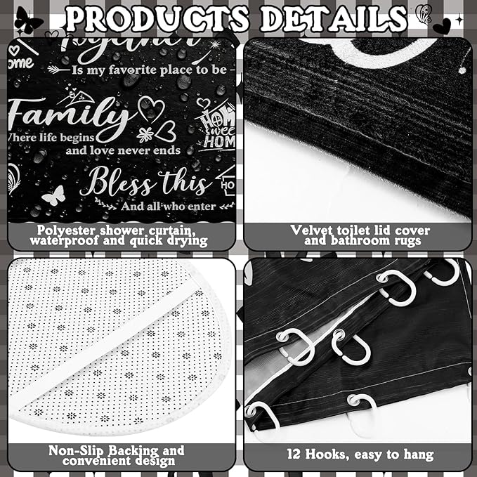 Tatuo 8 Pcs Family Shower Curtain Set Black Home Theme Bathroom Accessories Sets Farmhouse Rustic Waterproof Shower Curtain with Towels Carpet Bath Mat Toilet Rugs and 12 Hooks Housewarming Gift