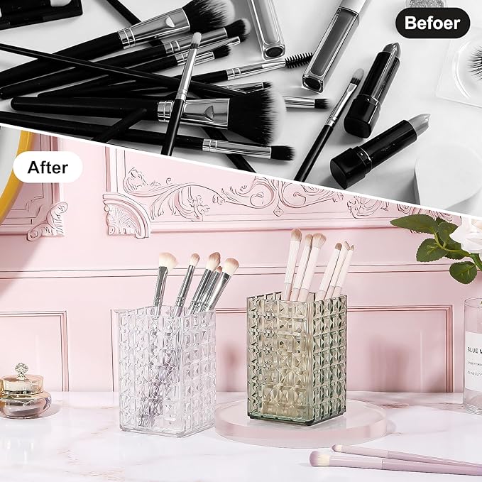 DASITON Makeup Brush Holder Organizer, Acrylic Makeup Brush Cup, Diamond Striped Make Up Brush Holder for Vanity, Bathroom Countertop, Toothbrush Holders, Pen Holder for Desk Storage (Green)