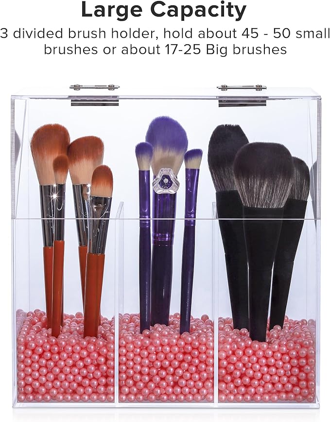 Acrylic Makeup Brush Holder with Lid - Clear Cosmetic Make up Brush Organizer and Storage Box with Dustproof Cover for Vanity - Large Capacity 3-Slots Container for Brushes (White)
