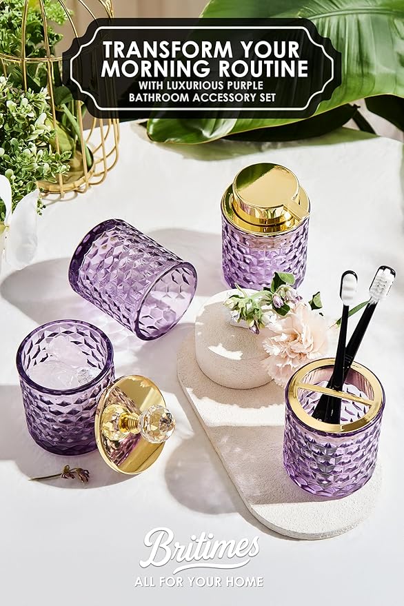 Purple Bathroom Accessories, 4Pcs Purple Bathroom Accessory Set Complete, Toothbrush Holder Set, Soap Dispenser, Qtip Holder, Tumbler, Perfect for Bathroom Decor and Vanity
