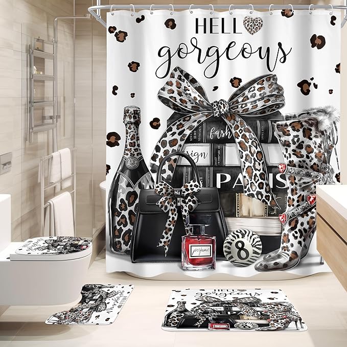 Cinbloo 4Pcs White Black Leopard Shower Curtain Set,Cheetah Fashion Luxury Magazine Books Perfume High Heels Bathroom Curtain with Rug, Toilet Lid Cover, Bath Mat,Girls Shower Curtain with 12 Hooks