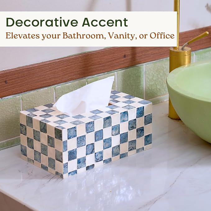 CHI AN HOME Rectangle Checkered Tissue Box Cover Handmade with Capiz Shells, Decorative Tissue Box Holder for Living Room, Bathroom or Kitchen Counter (Navy Blue)